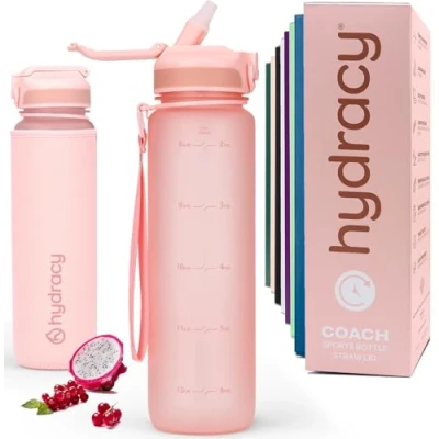 Afbeelding van Drinkflessen met rietje en tijdmarkering, 1 liter, BPA vrij, lekvrij, sportflessen, gecondenseerd water vrije waterflessen, ideaal voor sport buitenactiviteiten, rosÃ©goud