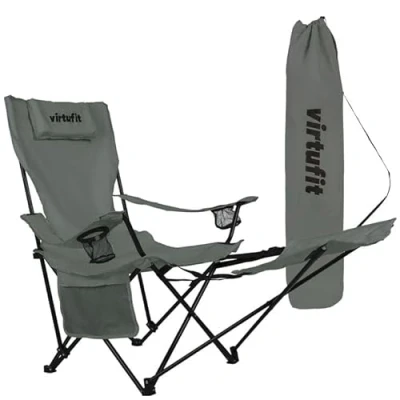 Afbeelding van VirtuFit Opvouwbare Camping Stoel Strandstoel met voetsteun Inclusief Draagtas Geschikt voor Festivals, Campings &amp; Stranden armsteunen Eenvoudig Meenemen en Opzetten Grijs
