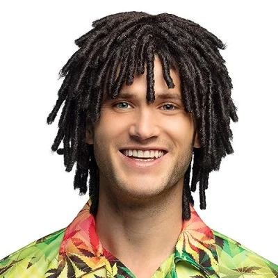 Afbeelding van Boland Pruik Levi Zwart Krullen Halflang Mannen Rasta Jamaica