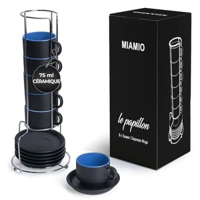 Afbeelding van MIAMIO 6 x 75 ml aardewerk espresso mok / mokken set zwarte buitenkant kleurrijke binnenkant Le Papillon Collectie