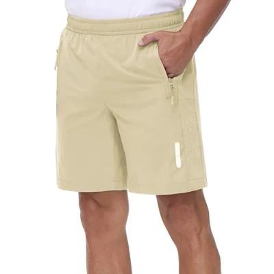 Afbeelding van Rvinroo Sportshorts voor heren, 8 inch met ritszak, sneldrogende technische stof hardlopen, fitnessstudio, casual wandelen en lichte basketbal, ademende trainingsshorts, Khaki (stad), XL