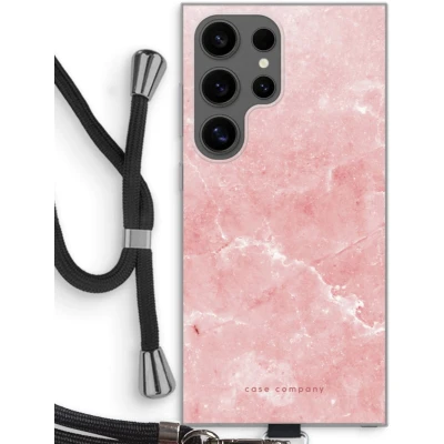 Afbeelding van Case Company® hoesje met Koord geschikt voor Samsung Galaxy S24 Ultra Roze marmer Telefoonhoesje Zwart Bescherming aan alle Kanten en Over de Schermrand
