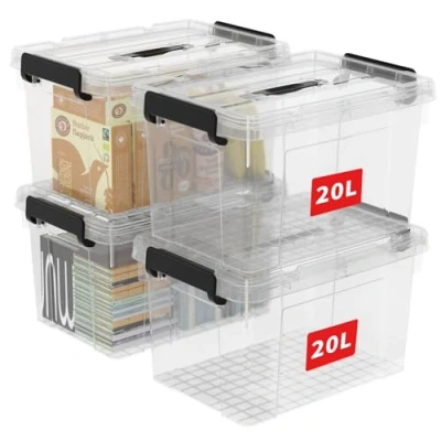 Afbeelding van Cetomo 20 l x 4 kunststof opbergdozen, draagdoos, organisatiecontainer met duurzaam deksel en veilige vergrendelingsgespen, stuks, transparant zwarte gesp