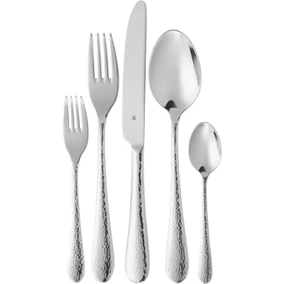 Afbeelding van WMF Sitello 30 delige bestekset voor 6 personen, Cromargan, messen uit één stuk, Cromargan roestvrij staal, gepolijst, gehamerd, ergonomisch, glanzend, vaatwasmachinebestendig, zilver