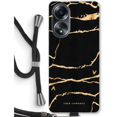 Afbeelding van Case Company® hoesje met Koord geschikt voor Oppo A58 4G Gouden marmer Telefoonhoesje Zwart Bescherming aan alle Kanten en Over de Schermrand