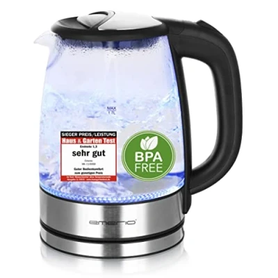 Image de EMERIO WK 119988.7 Bouilloire en verre avec volume de 1,7 l 2200 W Éclairage intérieur LED bleu Base 360 Vainqueur du test performance pour la maison et le jardin Meilleur