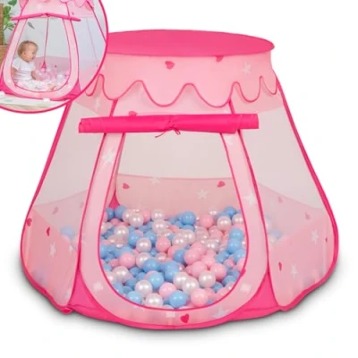 Afbeelding van Selonis Tent 105 x 90 cm, 200 ballen, kasteel met kunststof ballenbad voor kinderen, roze: babyblauw, poederroze, parelmoer