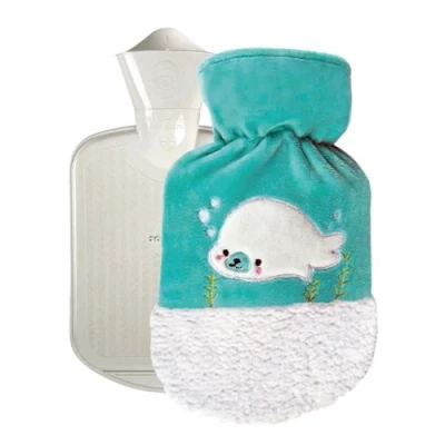 Image de Bouillotte en caoutchouc eau chaude ou froide avec housse velours 0.8 L Otarie Bleu