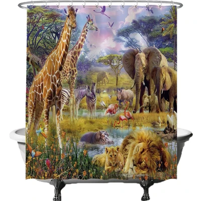 Afbeelding van Ulticool Douchegordijn Safari Dieren Natuur Giraffe Olifant 180 x 200 cm met 12 ringen Groen Bruin