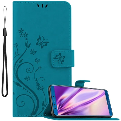 Afbeelding van Cadorabo Hoesje geschikt voor Honor 9 LITE in BLOEMEN BLAUW Beschermhoes bloemmotief met magnetische sluiting, standfunctie en kaartsleuven Book Case Cover Etui