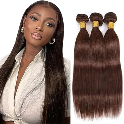 Afbeelding van Tuheers 71 cm, bruin, menselijk haar, steil, #4, chocoladebruin, 3 bundels, echt voor dames, 100% onbewerkt, Braziliaans Virgin in bundels