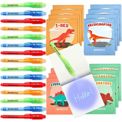Afbeelding van BONNYCO Onzichtbare inktpennen en notitieboek, verpakking met 16 dinosaurussen, kleine cadeaus voor jongens meisjes, cadeau verjaardag, speelgoed, piñata, dinosaurus