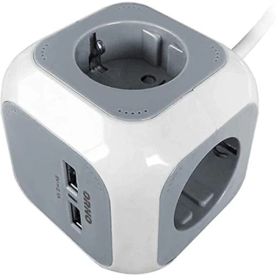 Afbeelding van PowerCube Stekkerdoos Met USB Verdeelstekker 2x Stekkerblok 6 voudig houder 1.4 meter kabel Wit/Grijs