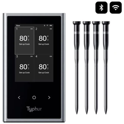 Afbeelding van Typhur Sync Quad Vier Probes Draadloze vleesthermometer BBQ thermometer Bluetooth &amp; WiFi Bestand tot 400C IPX8 waterdicht Batterijduur 50 uur Real time app monitoring Perfect voor grillen en roken