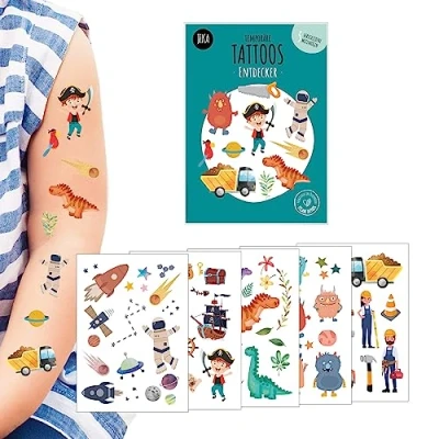 Afbeelding van 5 vellen tijdelijke tatoeages om op te plakken voor kinderen, motief: verkenningen, tatoeages, 100% veganistisch en hypoallergeen, cadeau idee, verjaardagscadeau