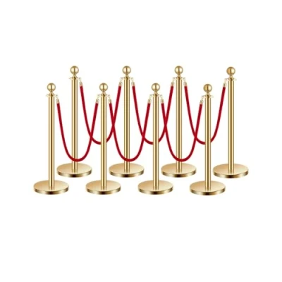 Afbeelding van VEVOR Geleidingspalen, 8 stuks, opmaakbarrière voor menigtecontrole, met holle basis, 6 rode fluwelen touwen en gouden roestvrijstalen palen, wachtrij in het openbaar, hotel, feest