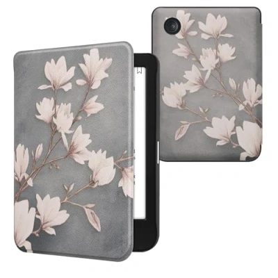Afbeelding van kwmobile E reader hoesje geschikt voor Kobo Clara BW / Colour hoes flip case met magnetische sluiting Ereader cover Magnolia design in taupe wit blauwgrijs
