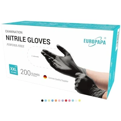 Afbeelding van EUROPAPA Nitril wegwerphandschoenen, 200 stuks, onderzoekshandschoenen, poedervrij, latexvrij, niet steriel, maat XXL, zwart