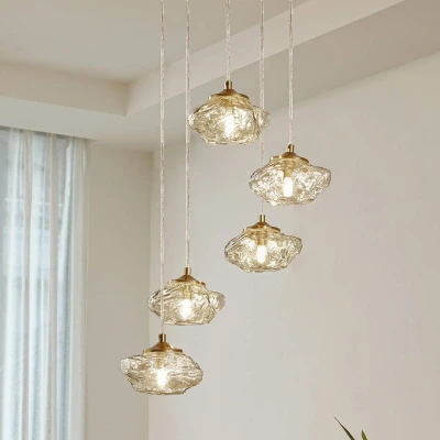 Afbeelding van Lindby hanglamp Piatra, Ø45cm, 5 lamps, cognac/messing, glas