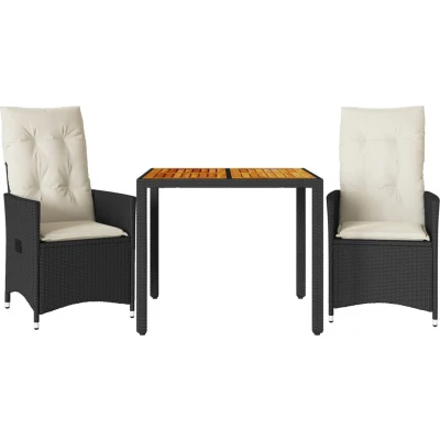 Afbeelding van 3 delige Bistroset met kussens poly rattan en acaciahout zwart