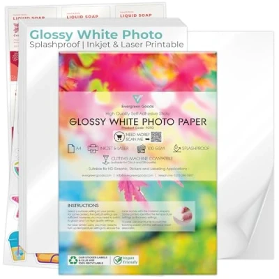 Afbeelding van Evergreen Goods 20 vellen zelfklevend A4 fotopapier, zelfklevend, spatwaterdicht, inkjet en laserbedrukbaar, printeretiketten met zelfklevende achterkant