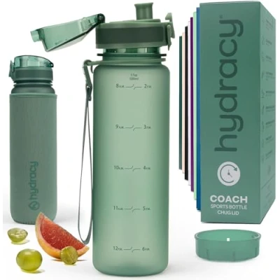 Afbeelding van Hydracy Waterfles, 500 ml, BPA vrij, fles met tijdmarkering, infuser en veilige vergrendeling, neopreen hoes, waterdicht, lekvrij, herbruikbaar, licht, ideaal voor sport, school