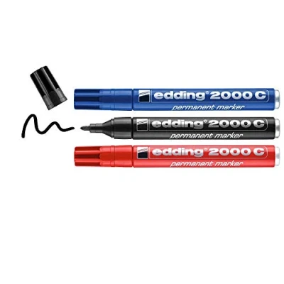 Afbeelding van Edding 2000 C permanente marker, zwart, rood, blauw 3 pennen, ronde punt van 1,5 mm, sneldrogend, water en veegbestendig, voor karton, kunststof, hout metaal, universele marker