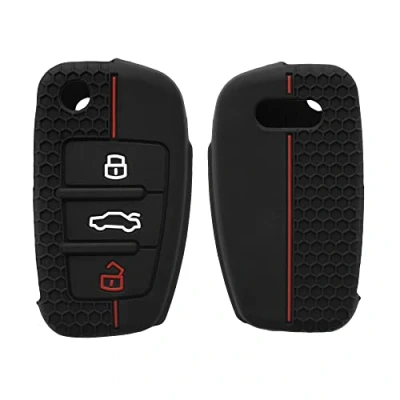 Afbeelding van kwmobile autosleutel hoesje geschikt voor Audi 3 knops hoes Siliconen behuizing Auto sleutel case met honingraat Sleuteletui in zwart / rood