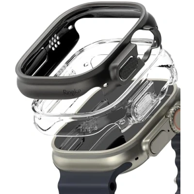 Afbeelding van Ringke Beschermhoes compatibel met Apple Watch Ultra 2/1 49 mm [Slim] Transparante robuuste bumper voor Clear &amp; Titanium Black (2 stuks)