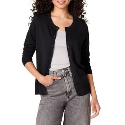Image de Amazon Essentials Cardigan léger à col ras du cou pour femme (disponible en grande taille), noir, taille 2X