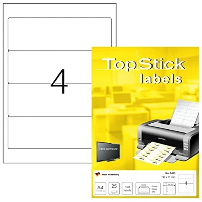Afbeelding van TopStick 8413 etiketten voor ordners A4 (192 x 61 mm, 25 vellen, papier, mat) zelfklevend, bedrukbaar, permanent zelfklevend ordnerachterkant, 100 zelfklevende etiketten, wit