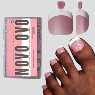 Image de NOVO OVO Lot de 360 faux ongles d&#039;orteils à presser En gel souple Rose baie Carré et rond couche base Couverture complète 15 tailles