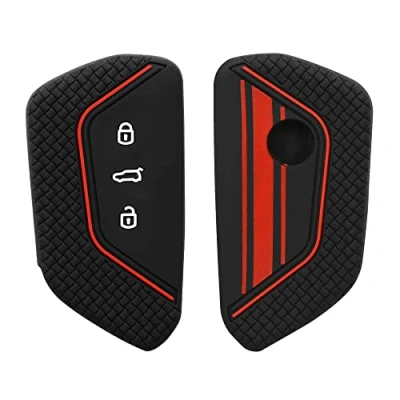 Afbeelding van kwmobile Autosleutel hoesje geschikt voor VW Golf 8 3 knops behuizing in rood / zwart Rallystrepen design