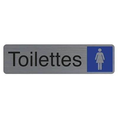 Image de Exacompta Réf. 67163E 1 Plaque de porte adhésive Toilettes dame murale imprimée signalisation Sur tous supports Aspect aluminium brossé Dimensions : 16,5 x 4,4 cm