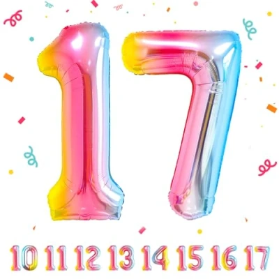 Afbeelding van Ballonnen verjaardag 17 jaar regenboog 100 cm Verjaardagsdecoraties van een man vrouw Opblaasbare cijferballon aluminium beige