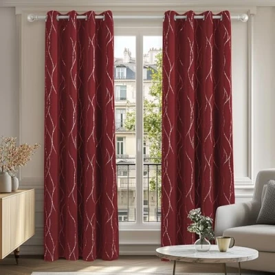 Afbeelding van Deconovo warmte isolerende verduisterende gordijnen, gordijnen voor de slaapkamer van meisjes, modern ontwerp met oogjes, 140x175 CM (breedte x hoogte), rood, 2 stuks