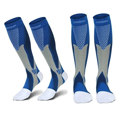 Afbeelding van Cocohok compressiekousen voor dames en heren, geschikt sport, voetbal, vlucht, hardlopen, mannen vrouwen verhoging van de prestaties, uithoudingsvermogen, doorbloeding herstel, 2 paar blauw.