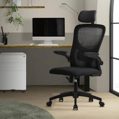Afbeelding van Ergonomische bureaustoel zwart netweefsel met verstelbare hoofdsteun en wielen ML design