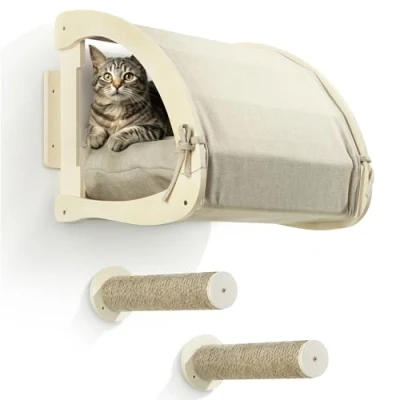 Afbeelding van Navaris kattenmand met trapje voor aan de muur Kattenbed kussen Katten klimmuur Kattenmeubel wand poezen
