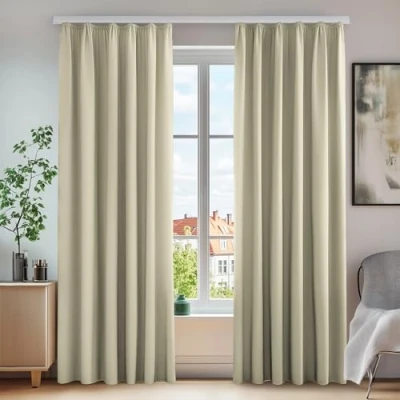 Afbeelding van Deconovo 2 stuks gordijnen voor kantoor, isolerend, slaapkamer, verduisteringsgordijn, woonkamer, balkon, decoratie, plooiband, donkerbeige, 140 x 220 cm