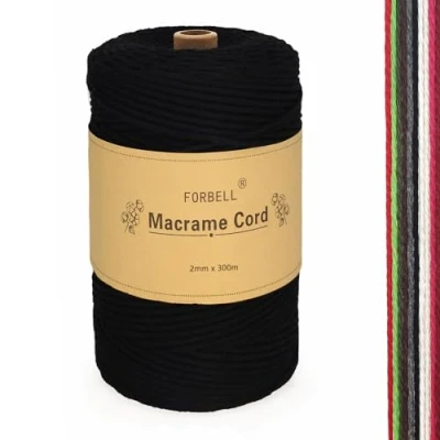 Afbeelding van Macramé katoengaren, 2 mm x 300 m, macramégaren, katoenen garen voor knutselen, zwart (2 mm)