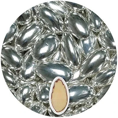 Afbeelding van EinsSein 0,5 kg bruiloftsdragees chocolade amandelen Nobile zilver glanzend metallic dragees doop, communie, vieren, feest, candybar geschenken voor bruiloftsgasten amandelsnoep