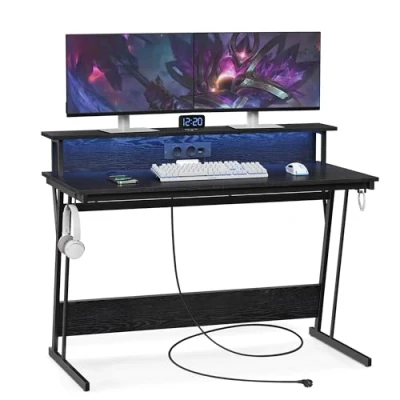 Afbeelding van VASAGLE Speeltafel met ledverlichting, bureau geïntegreerde stekkerdoos, computerbureau, houder voor 2 schermen, slaapkamer, 60 x 120 76 cm, klassiek zwart LWD192B56