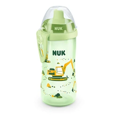 Image de NUK Flexi Cup Gourde d&#039;apprentissage avec paille, 300 ml, anti fuite et incassable, sans BPA, pour les 12 mois plus, motif de pelleteuse, vert