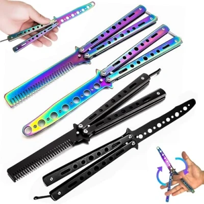Afbeelding van Vlindermes voor training: set van 4 vlindermessen, ongeslepen lemmet met vlinderkam roestvrij staal training Balisong ideaal beginners die figuren oefenen