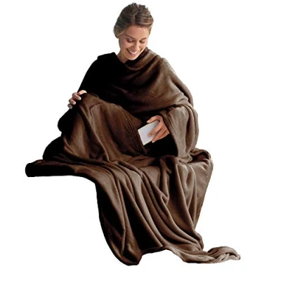 Afbeelding van CelinaTex TV deken met Mouwen en Voetenzak, Zachte Deken, 150 x 180 cm, Donkerbruin, Microvezel, Fleece, Oeko Tex