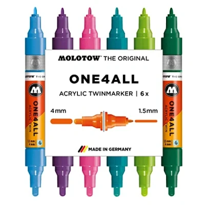 Afbeelding van Molotow One4All Twin Basic acrylstiften, 6 stuks (lijndikte 1,5 mm en 4,0 mm, dekkend permanent, uv bestendig, voor bijna alle oppervlakken)
