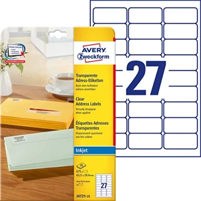 Afbeelding van Avery J4721 25 Transparent Polyester Inkjet 63.5 x 29.6 mm 675 pc(s)