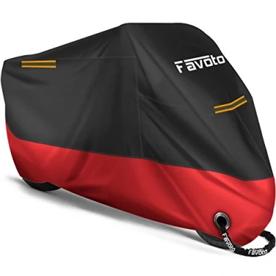 Afbeelding van Favoto Waterdichte motorhoes 210D met reflecterende strepen, zonbestendig, regen, wind, sneeuw, vogelpoep buiten, 265 x 105 125 cm, zwart + rood