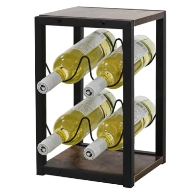 Afbeelding van Wijnrek voor 4 flessen 37,5 cm hoog vrijstaand vintage flessenrek van hout &amp; staal ML design
